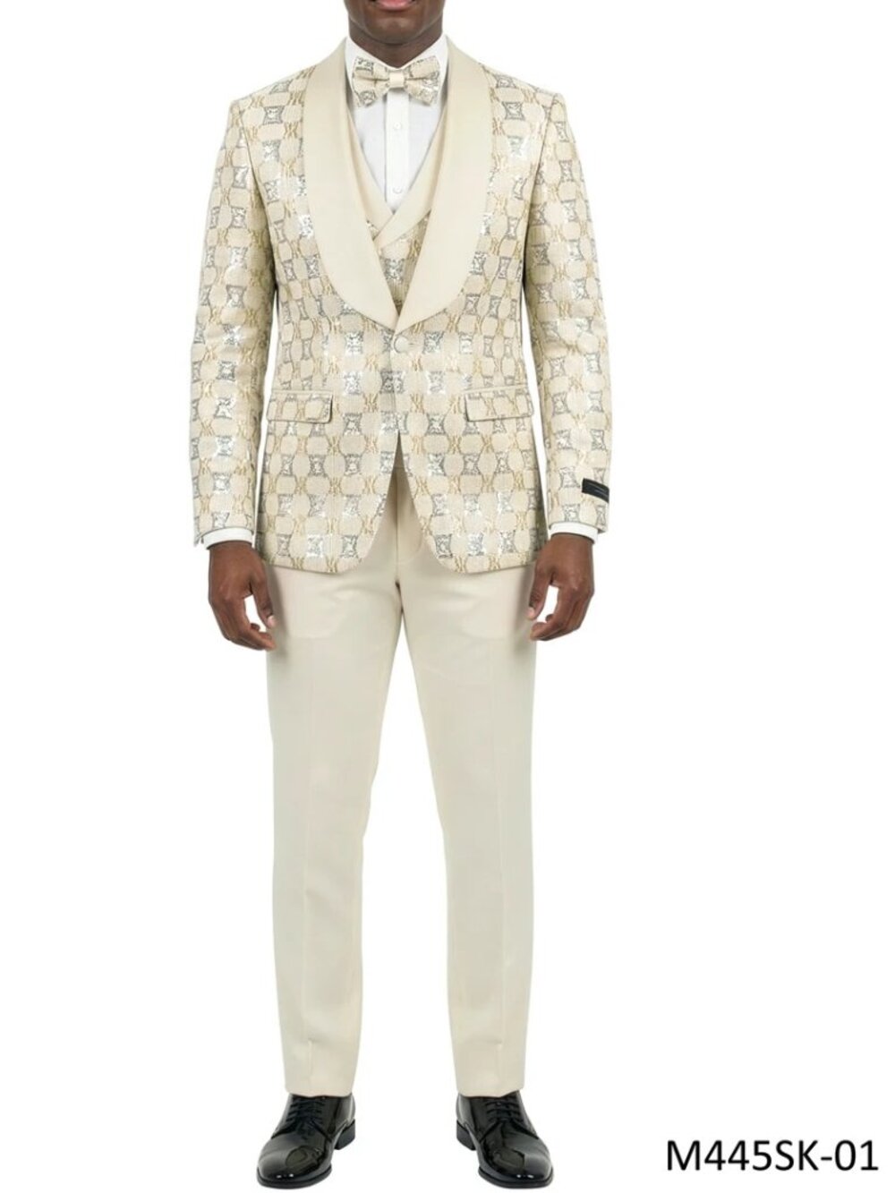 Tan Wide Satin Shawl Lapel Chained Sequin 3 Piece Skinny Fit Men's Fashion Suit
